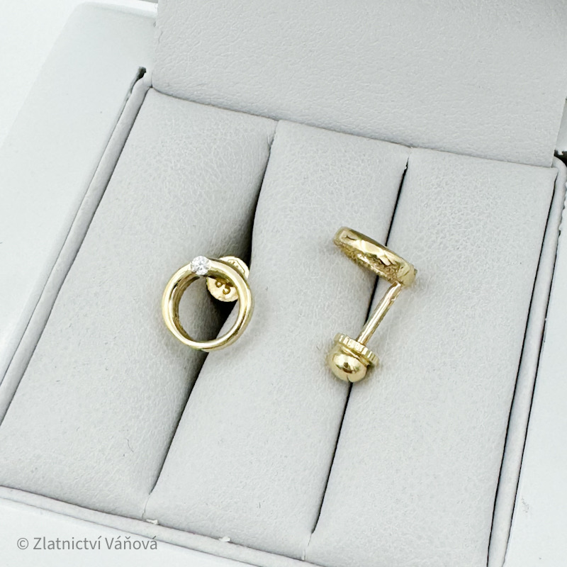 Žluté zlato náušnice se zirkonem na šroubek